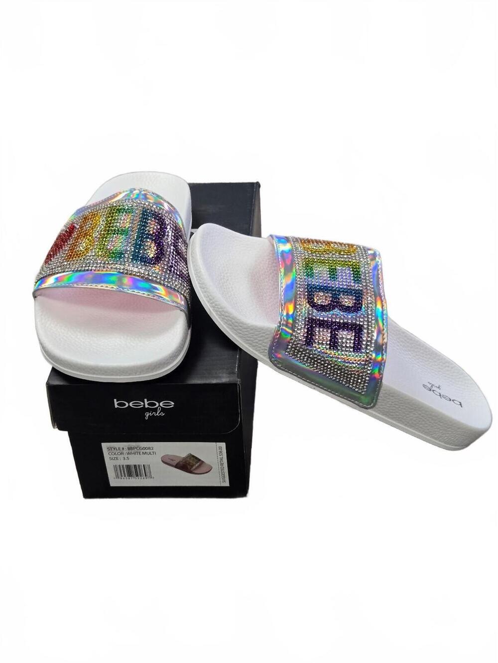 bebe Girls White Slide Sandals with Multicolor Rhinestone Logo - Picture 7 of 7